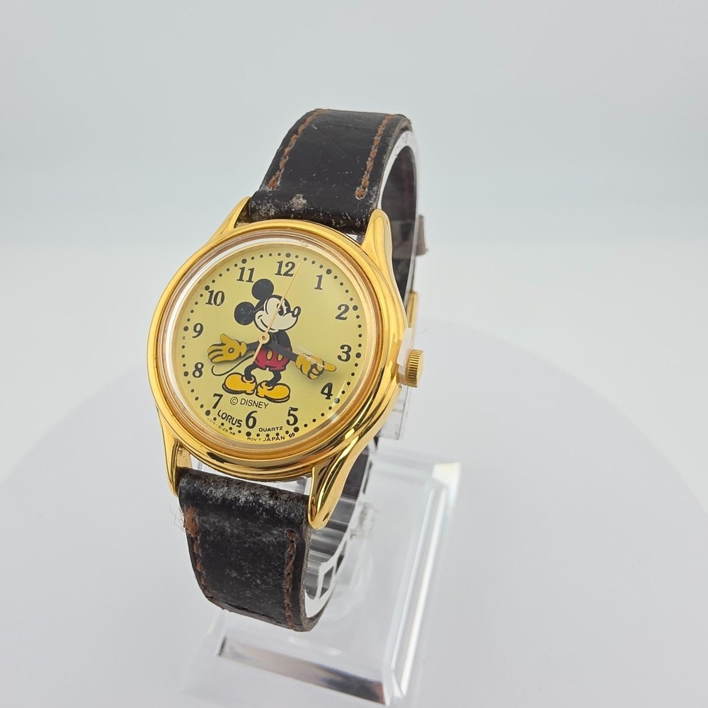 Vtg LORUS SEIKO Watch DISNEY Mickey Mouse Arms Rotate Black Band Gold Tone 6.75"